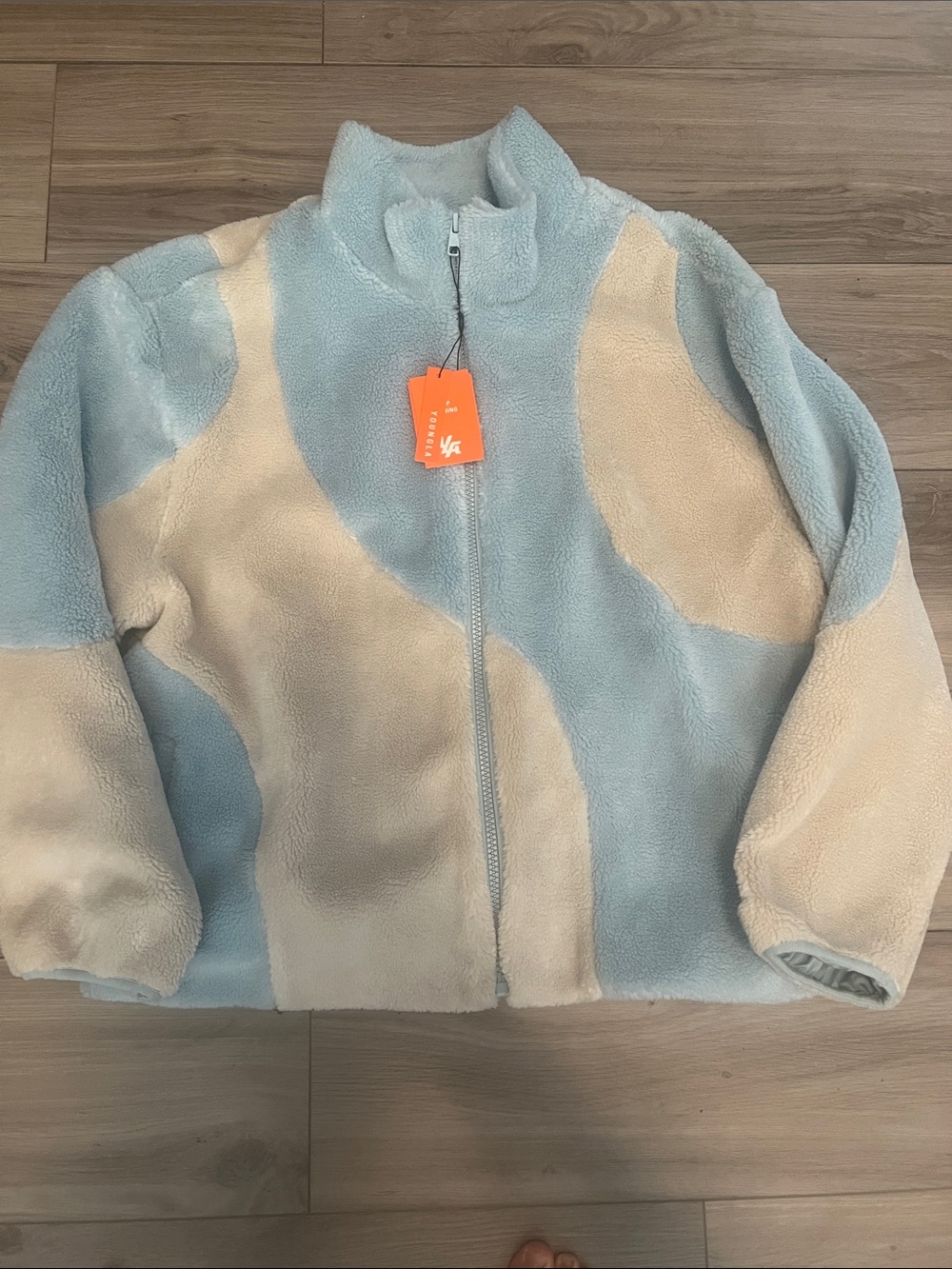 YoungLA Plush Zip-Up Jacket in Light Blue & Cream